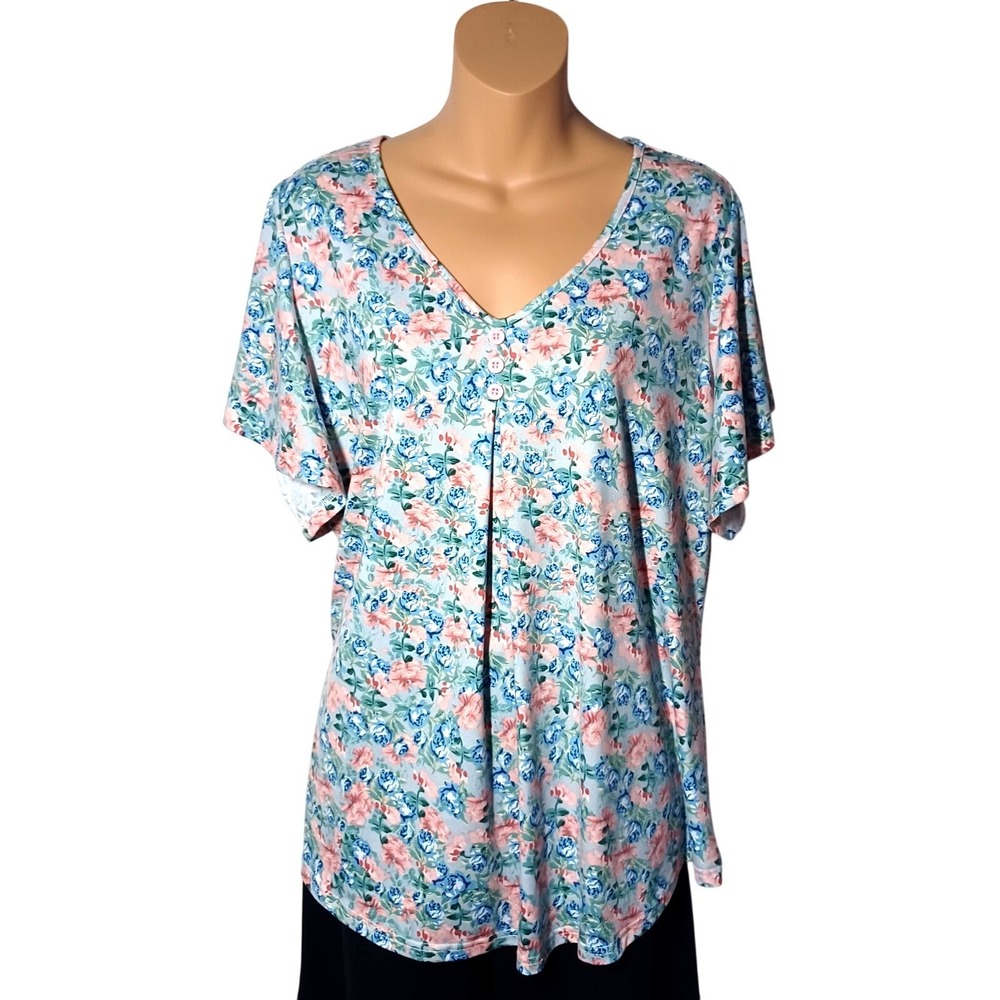 Women's XL Blue Pink Floral Cottagecore Flowy BOHO Festival Tunic Blouse Shirt